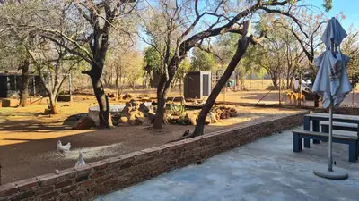 a park with a bench and an umbrella and trees at The Captain in Pretoria