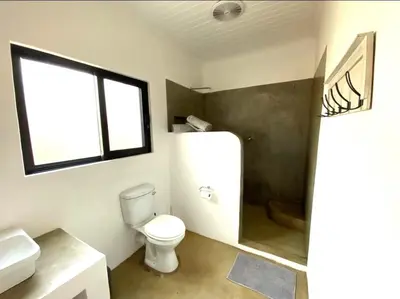 a bathroom with a toilet and a sink and a window at Bushbuck Rest in Marloth Park