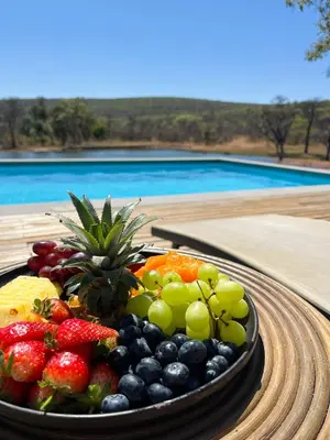 a tray of fruit on a table next to a pool at Ilanga Lodge Welgevonden Game Reserve in Welgevonden Game Reserve
