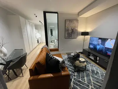 a living room with a couch and a flat screen tv at Exec Oasis @Ellipse in Midrand