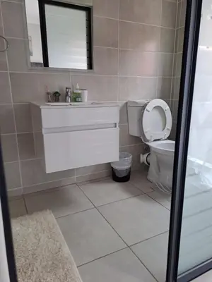 a bathroom with a toilet and a sink and a mirror at THE BLYDE Holiday Apartments in Pretoria