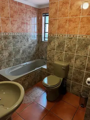 a bathroom with a toilet and a tub and a sink at Deletz Guesthouse in Witbank