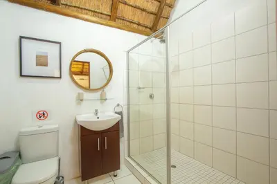 a bathroom with a shower and a toilet and a sink at South Safari Lodge in Marloth Park