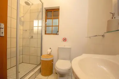 a bathroom with a toilet and a shower and a sink at South Safari Lodge in Marloth Park