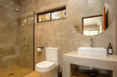 a bathroom with a toilet and a sink and a mirror at MRLTH Luxury Safari Villa, Close to KNP, Giraffe-Feeding-Tower, Spa-Bath, Boma in Marloth Park