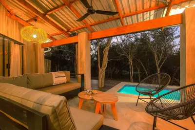 a patio with a couch and a table and a pool at Ibhubesi house in Marloth Park
