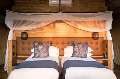 two beds in a hotel room with curtains at Nkuhlu Tented Camp in Skukuza