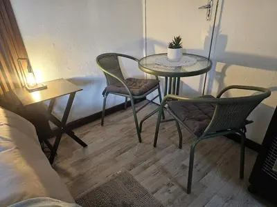 a table and two chairs and a table with a plant on it at Sable Sunset Guesthouse in Trichardt