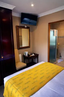 a bedroom with a bed and a chair and a mirror at Aanmani Rose Guesthouse in Pretoria