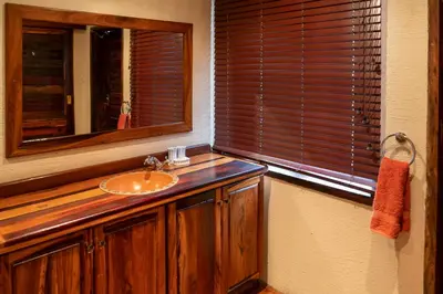 a bathroom with a sink and a mirror at Impisi Accommodation in Phalaborwa