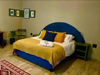 a bedroom with a large bed with yellow and blue pillows at Seven Olives Guest Rooms in Thabazimbi