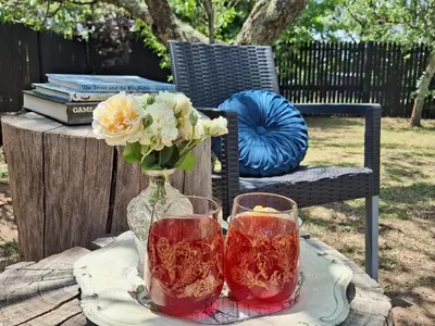 a table with two glasses and a vase with flowers at Cinnamon & Sage Country Cabins in Dullstroom