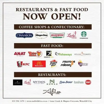 a screenshot of a menu of restaurants and fast food now open at Luxe Cityscape @ Waterfall Ellipse in Midrand