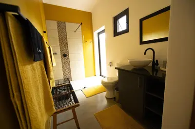 a bathroom with a sink and a toilet and a shower at Oriole Bush Cottage in Hoedspruit