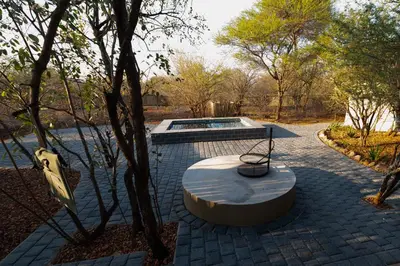 a pool in the middle of a park with trees at Oriole Bush Cottage in Hoedspruit