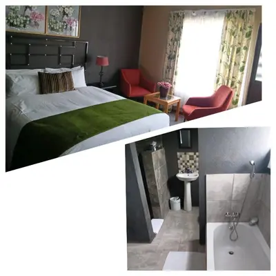 a hotel room with a bed and a bath tub at Oteng Guest House in Belfast
