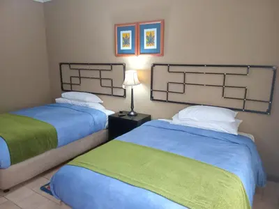 a bedroom with two beds and a lamp at Oteng Guest House in Belfast