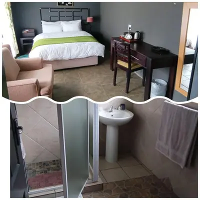 a bedroom with a bed and a sink and a desk at Oteng Guest House in Belfast