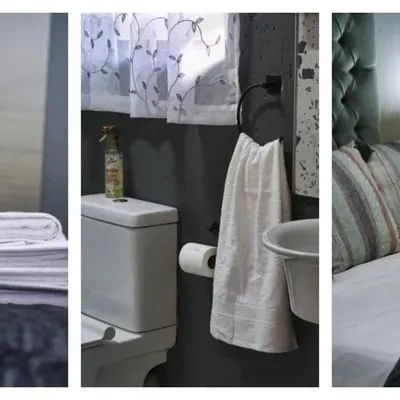 two pictures of a bathroom with a toilet and a sink at Woodpecker Villa Guesthouse in Thabazimbi