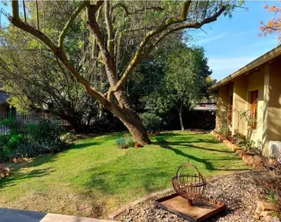 a yard with a tree and a bench in front of a house at Khalila's Equestrian Cottage in Midrand