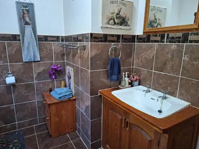 a bathroom with a sink and a tiled wall at Emani Guest House in Mokopane