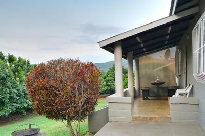 a porch of a house with a tree at Oppi Plaas in Hazyview