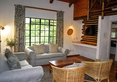 a living room with a couch and chairs and a fireplace at Luxury Lodge on Sabie River at Kruger Gate! in Huntingdon
