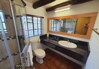 a bathroom with a toilet and a sink and a mirror at Luxury Lodge on Sabie River at Kruger Gate! in Huntingdon