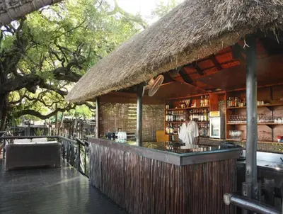 a man standing at a bar in a restaurant at Luxury Lodge on Sabie River at Kruger Gate! in Huntingdon