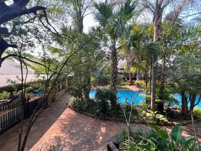 an overhead view of a swimming pool with palm trees at Motozi Lodge in Pelindaba