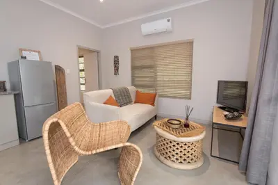 a living room with a wicker chair and a television at Nyaleti Lodge in Hoedspruit