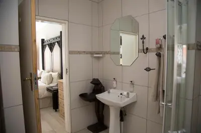 a bathroom with a sink and a mirror at Xaviera Guest House in Pretoria