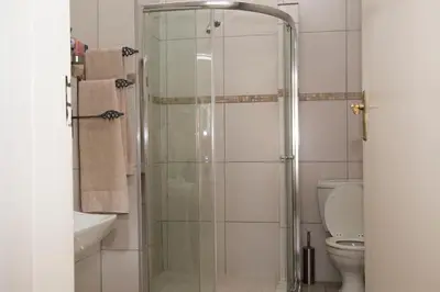 a bathroom with a shower and a toilet at Xaviera Guest House in Pretoria