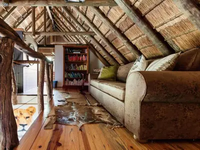 a living room with a couch and a dog at Mountain Canadian Log Home in Kalkheuvel