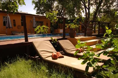 a group of chaise lounges sitting next to a pool at Normann Safari Bush Lodge in Phalaborwa