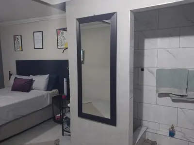 a bedroom with a mirror and a bed and a shower at Comfort place 3 in Pretoria