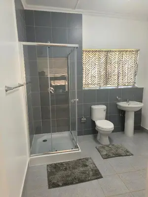 a bathroom with a shower and a toilet and a sink at Sunny Stay in Groblersdal