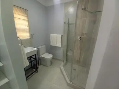 a bathroom with a shower and a toilet and a sink at REALJOY GUEST SUITES in Centurion