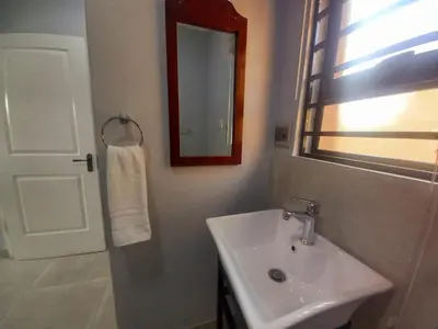 a bathroom with a sink and a mirror at REALJOY GUEST SUITES in Centurion