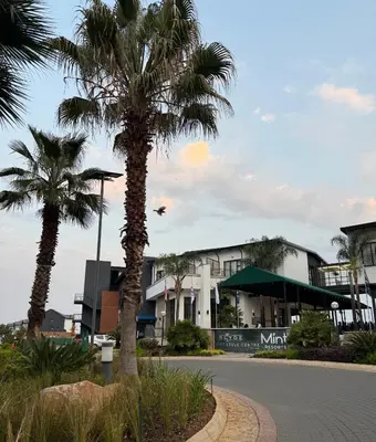 a street with palm trees in front of a building at The Blyde in Pretoria