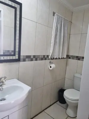 a bathroom with a sink and a toilet and a mirror at Emerald Guesthouse in Kempton Park