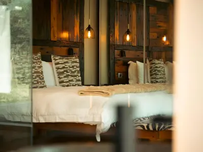 a bedroom with a bed and a mirror at Shekinah Lion & Game Lodge in Dryfsand