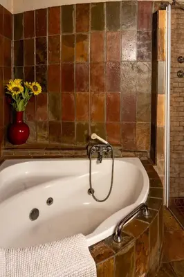 a bath tub with a vase of flowers in a bathroom at Harties Lodge - Private Suite in Hartbeespoort