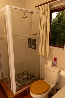 a bathroom with a toilet and a shower at Harties Lodge - Meerhof Bay View 7 Family Room in Hartbeespoort