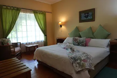 a bedroom with a bed with green pillows at Ekukhanyeni, The Place of Light in Boschjeskop