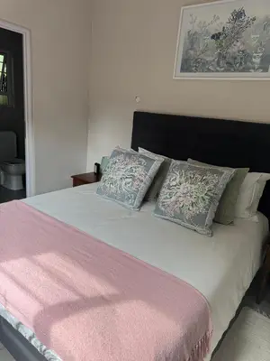 a bed with a pink blanket and pillows on it at Whitehouse cottage in White River