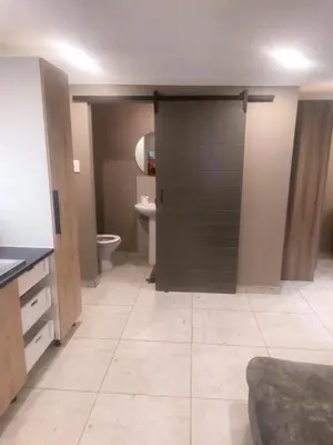 a bathroom with a sliding door with a toilet at Bokmakierie in Centurion