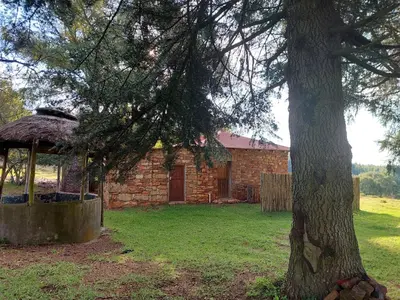a brick building with a tree in front of it at Kwaggaskop Farm Kliphuis in Dullstroom