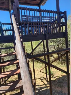 a wooden playground structure with a wooden ladder at Bateleur Lodge, Mabalingwe in Bela-Bela