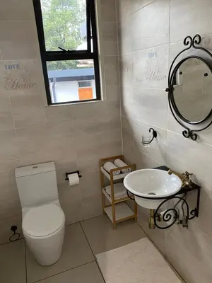 a bathroom with a toilet and a sink and a mirror at Bridgelamour Accommodation in Hartbeespoort